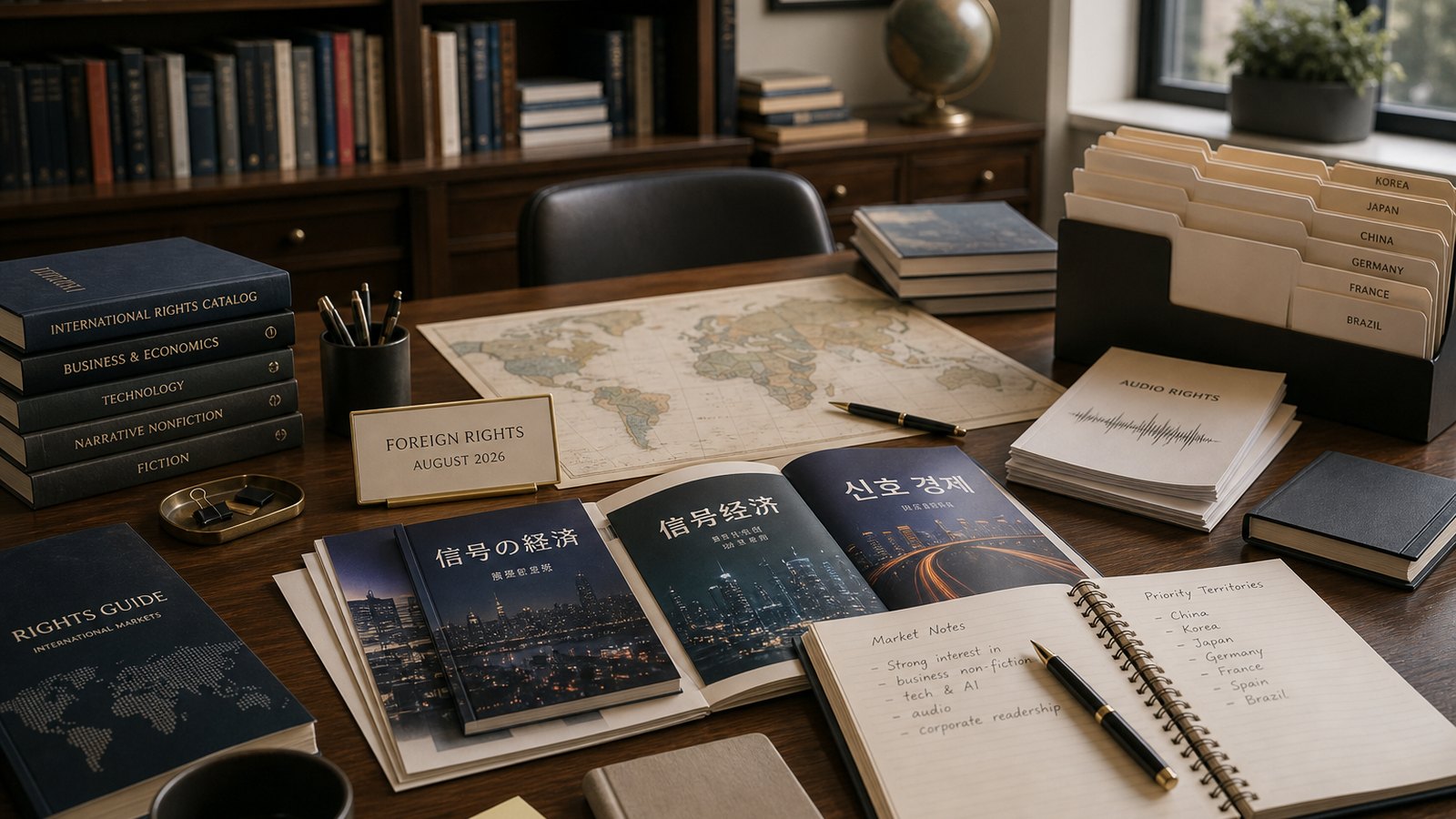 Foreign rights meeting room with catalogues, notes, and translation materials