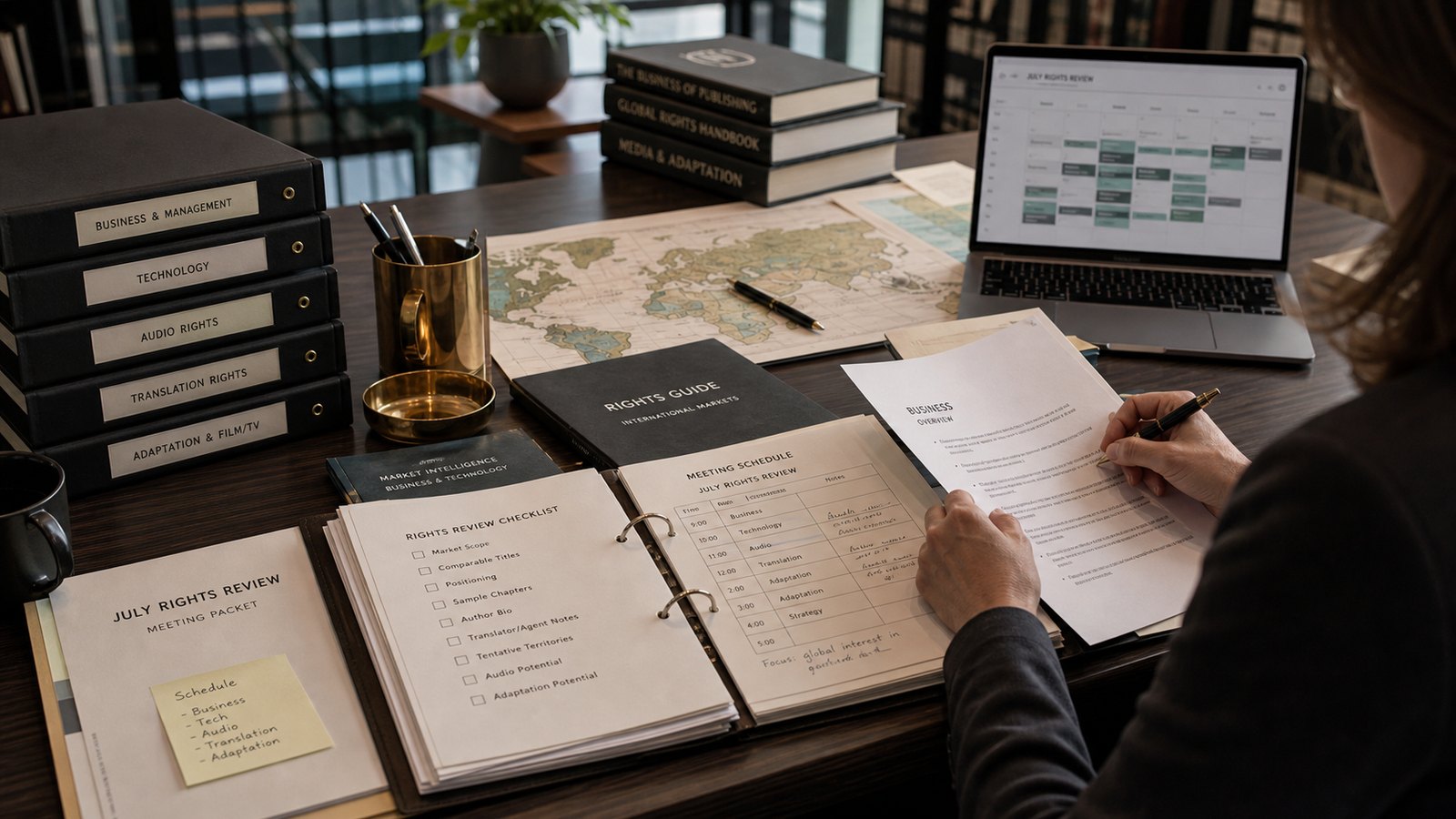 Rights review desk with folders, international map, and meeting materials