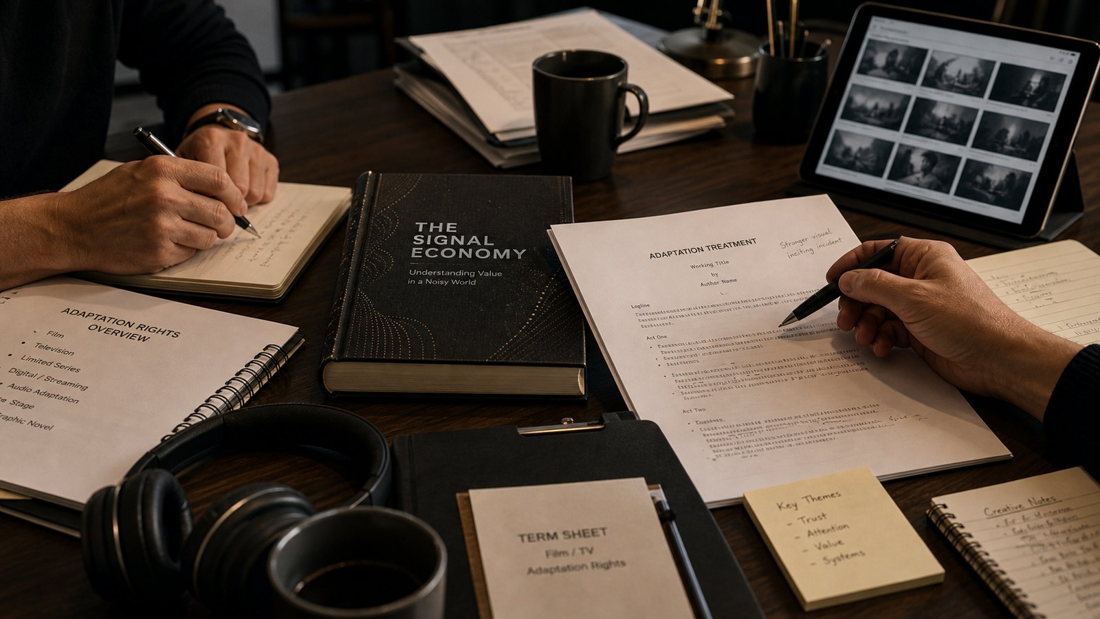 Editorial table with adaptation notes, rights folders, and dark book proofs
