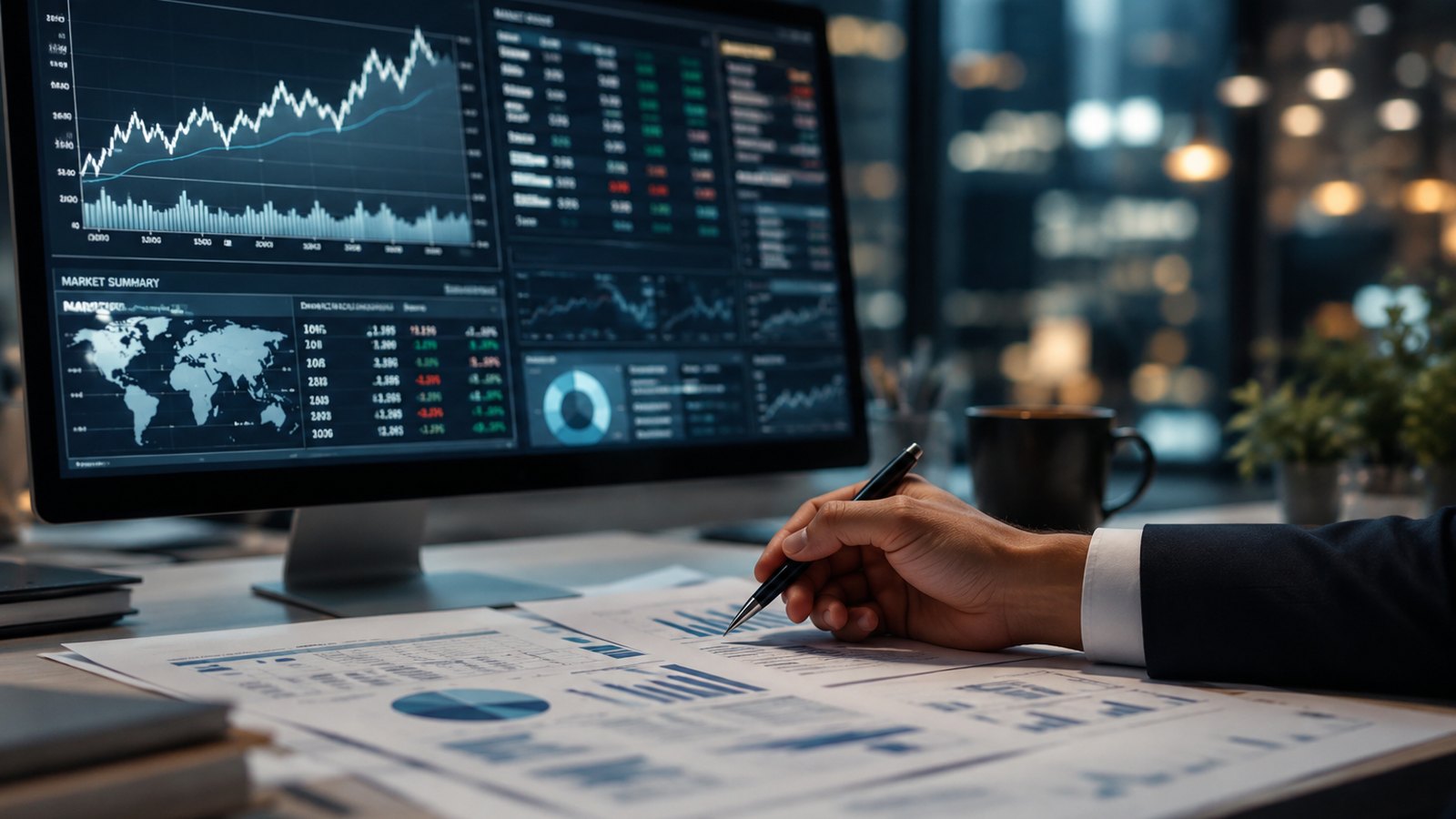 Market review desk with charts and financial reports for The Signal Economy rights announcement